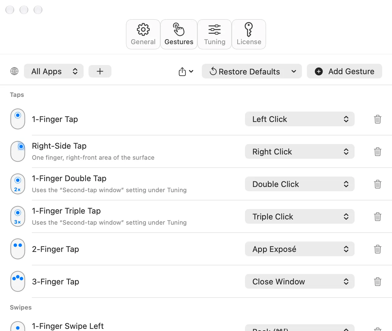 The Gestures tab in MyMouse Settings